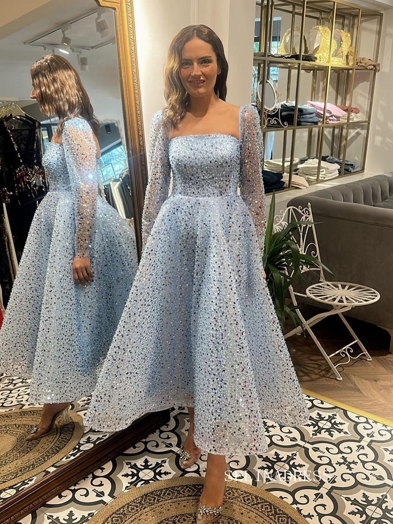A-line Light Sky Blue Sparkly Long Prom Dresses Sequins Long Sleeve Ev SELINADRESS A-line Light Sky Blue Sparkly Long Prom Dresses Sequins Long Sleeve Ev SELINADRESS
