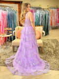 A-line Lilac Layered Lace Long Prom Dress With Slit lpk930|Selinadress
