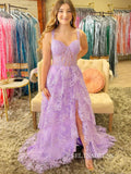 A-line Lilac Layered Lace Long Prom Dress With Slit lpk930|Selinadress