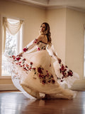 A-line Long Puff Sleeve Wedding Dress Rose Appliques Tulle Wedding Gown Bridal Dress KTS003|Selinadress