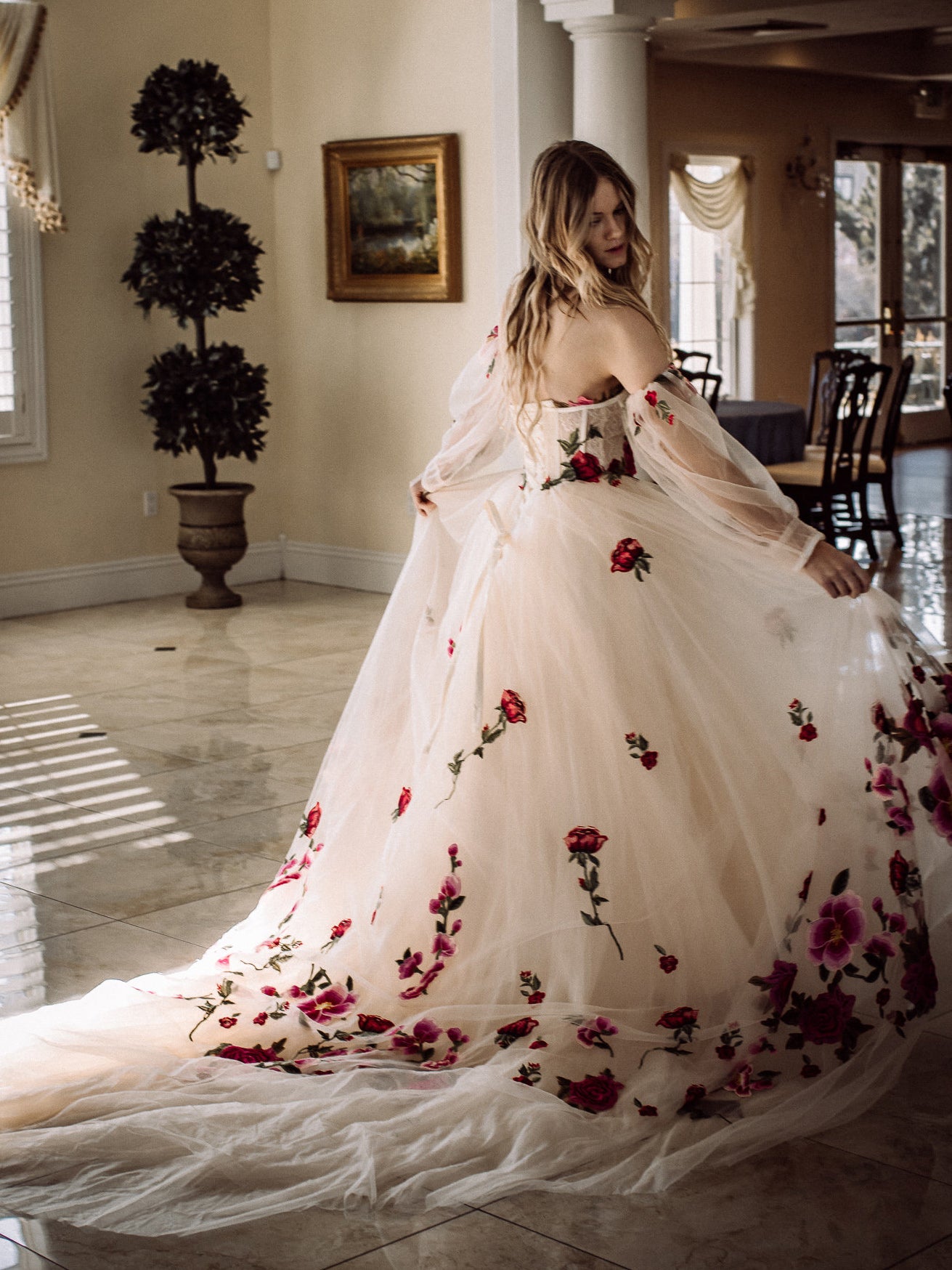 A-line Long Puff Sleeve Wedding Dress Rose Appliques Tulle Wedding Gown Bridal Dress KTS003 A-line Long Puff Sleeve Wedding Dress Rose Appliques Tulle Wedding Gown Bridal Dress KTS003