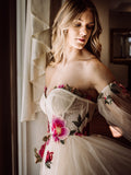 A-line Long Puff Sleeve Wedding Dress Rose Appliques Tulle Wedding Gown Bridal Dress KTS003|Selinadress