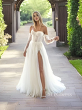A-line Long Sleeve Beach Wedding Dresses Romantic Tulle Bridal Gown SEW0960|Selinadress