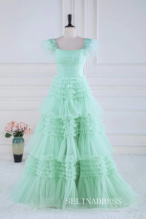 A-line Mint Green Layers Long Prom Dress with Feather lps028|Selinadress