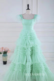 A-line Mint Green Layers Long Prom Dress with Feather lps028|Selinadress