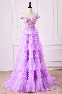 A-line Off-Shoulder Lavender Floral Layers Long Prom Dress lps028|Selinadress