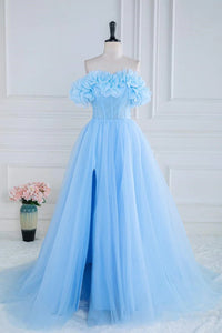 A-line Off-Shoulder Light Blue Flowers Long Prom Dress with Slit lps029|Selinadress