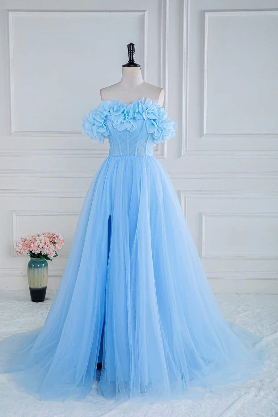 A-line Off-Shoulder Light Blue Flowers Long Prom Dress with Slit lps02 SELINADRESS A-line Off-Shoulder Light Blue Flowers Long Prom Dress with Slit lps02 SELINADRESS