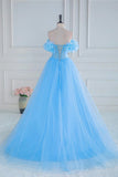 A-line Off-Shoulder Light Blue Flowers Long Prom Dress with Slit lps029|Selinadress