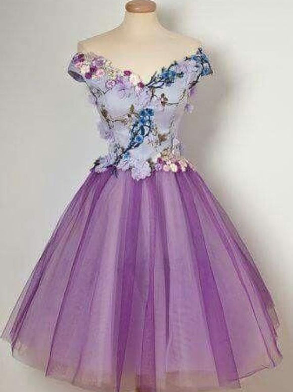 A-line Off-the-shoulder 3D Floral Short Prom Dress Lilac Homecoming Dress kts082|Selinadress