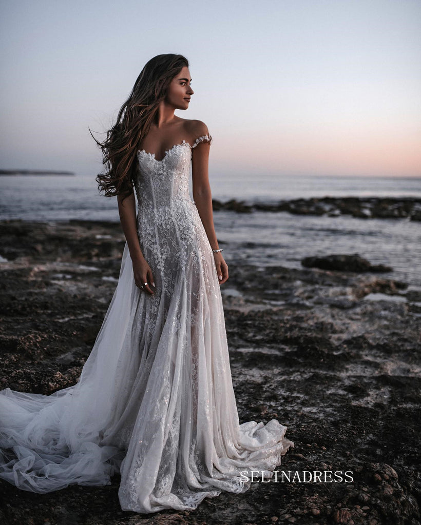 A-line Off-the-shoulder Beach Lace Wedding Dress Tulle Lace Long Bridal Dresses Crystal Wedding Dress ASK008 A-line Off-the-shoulder Beach Lace Wedding Dress Tulle Lace Long Bridal Dresses Crystal Wedding Dress ASK008