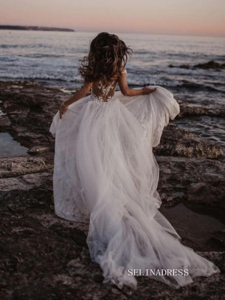 A-line Off-the-shoulder Beach Lace Wedding Dress Tulle Lace Long Bridal Dresses Crystal Wedding Dress ASK008 A-line Off-the-shoulder Beach Lace Wedding Dress Tulle Lace Long Bridal Dresses Crystal Wedding Dress ASK008