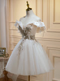 A-line Off-the-shoulder Beaded Homecoming Dress Short Graduation Dress White Formal Dress KTS013|Selinadress