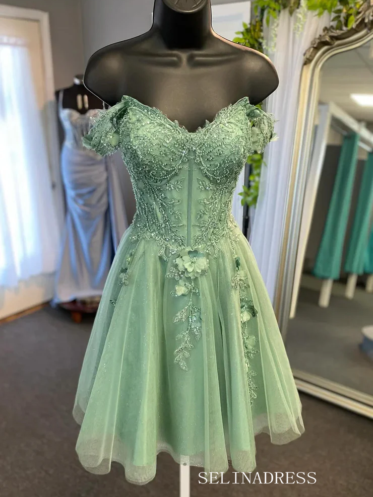 A-line Off-the-shoulder Beaded Sage Homecoming Dress Short Prom Dress SELINADRESS A-line Off-the-shoulder Beaded Sage Homecoming Dress Short Prom Dress SELINADRESS