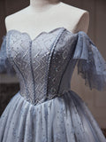 A-line Off-the-shoulder Beaded Unique Blue Short Prom Dress Juniors Homecoming Dresses kts012|Selinadress