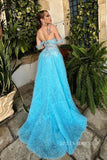 A-line Off-the-shoulder Blue Ruffles Long Prom Dress Evening Dress SEW1136|Selinadress