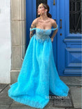A-line Off-the-shoulder Blue Ruffles Long Prom Dress Evening Dress SEW1136|Selinadress