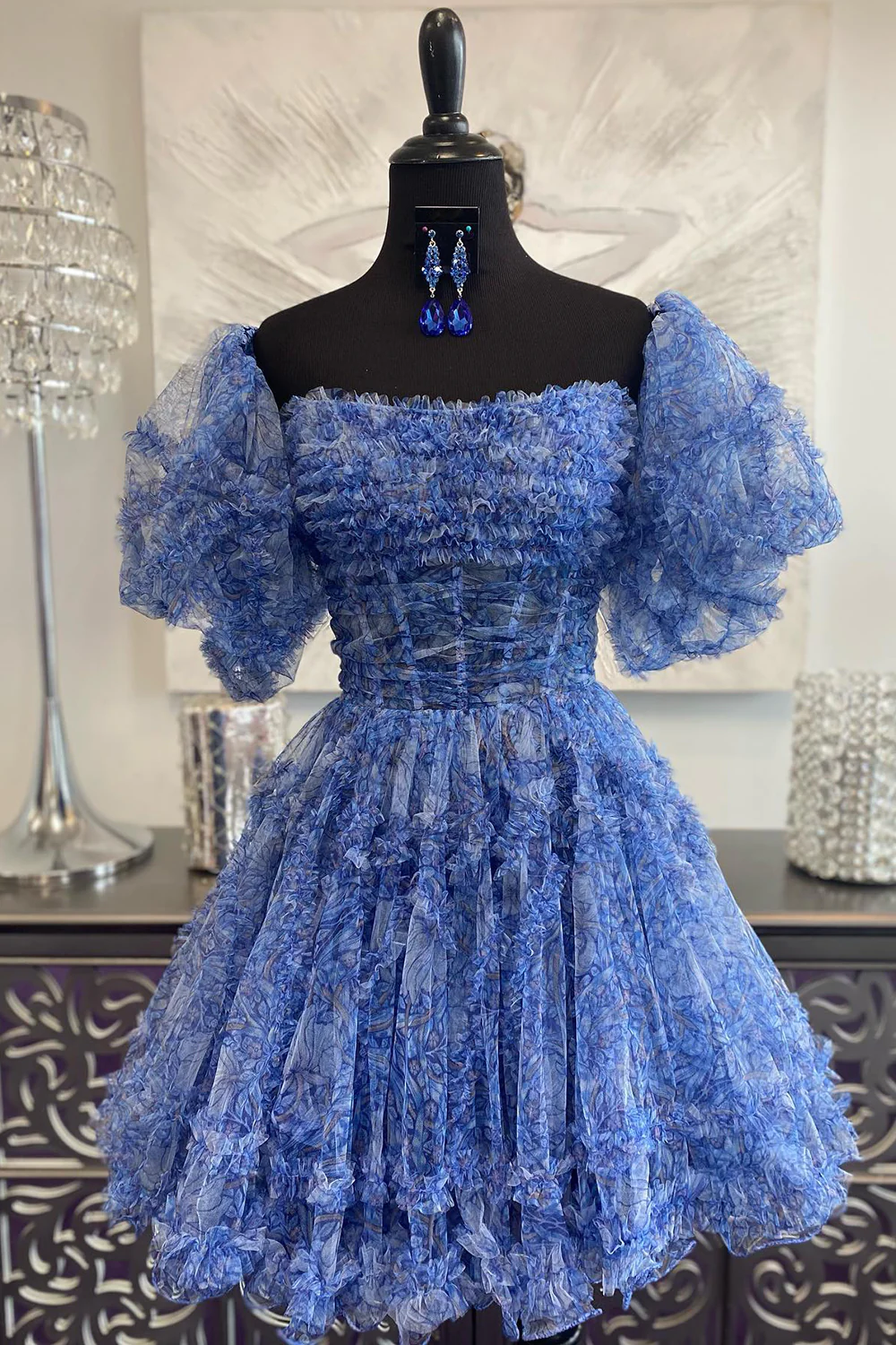A-line Off-the-shoulder Cheap Short Prom Dress Blue Homecoming Dress k – SELINADRESS