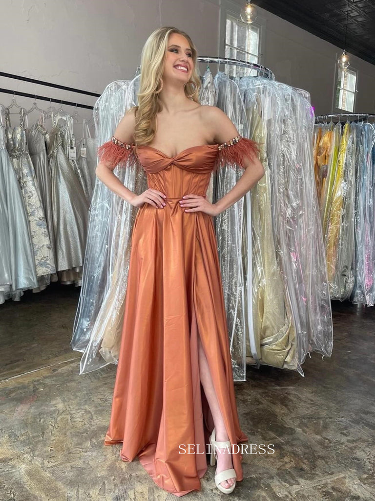 A-line Off-the-shoulder Feather Long Prom Dress With Slit sew1046 SELINADRESS A-line Off-the-shoulder Feather Long Prom Dress With Slit sew1046 SELINADRESS