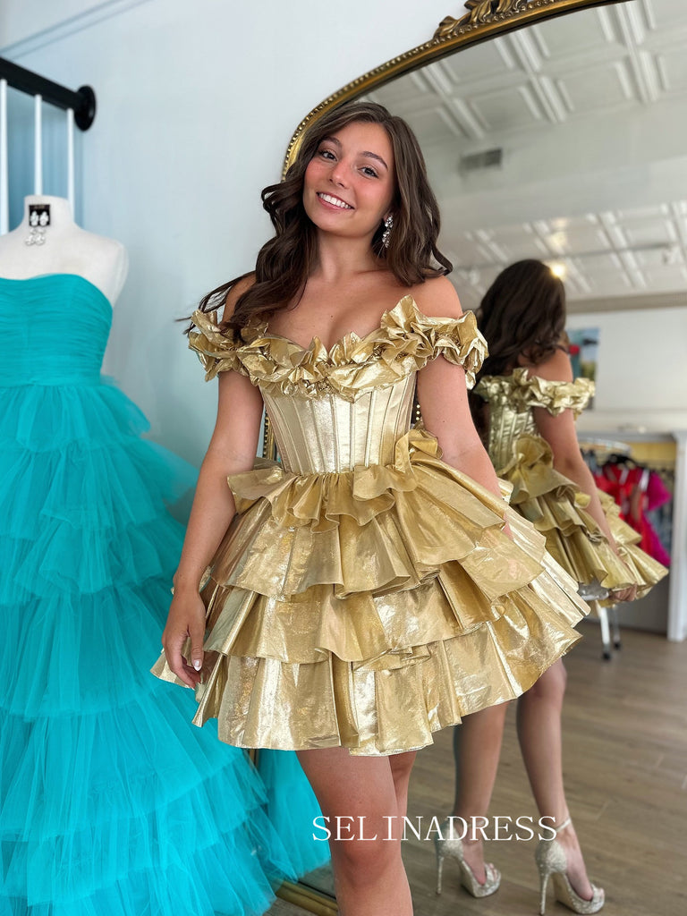 A-line Off-the-shoulder Gold Homecoming Dresses Tiered Hoco Dress Cock SELINADRESS A-line Off-the-shoulder Gold Homecoming Dresses Tiered Hoco Dress Cock SELINADRESS