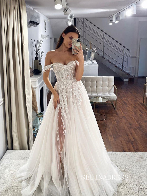 A-line Off-the-shoulder Lace Beaded Wedding Dress Rustic Country Wedding Dresses #KOP082|Selinadress