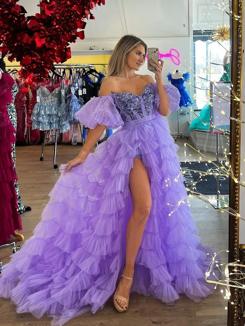 A-Line Off the Shoulder Lilac Ruffle Tulle Long Prom Dresses sew1060 SELINADRESS A-Line Off the Shoulder Lilac Ruffle Tulle Long Prom Dresses sew1060 SELINADRESS