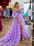 A-Line Off the Shoulder Lilac Ruffle Tulle Long Prom Dresses sew1060|Selinadress