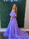 A-Line Off the Shoulder Lilac Ruffle Tulle Long Prom Dresses sew1060|Selinadress
