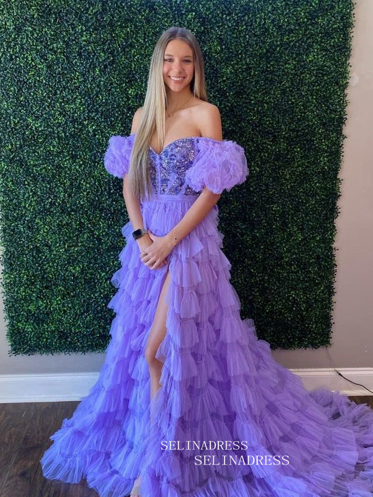 A-Line Off the Shoulder Lilac Ruffle Tulle Long Prom Dresses sew1060 SELINADRESS A-Line Off the Shoulder Lilac Ruffle Tulle Long Prom Dresses sew1060 SELINADRESS