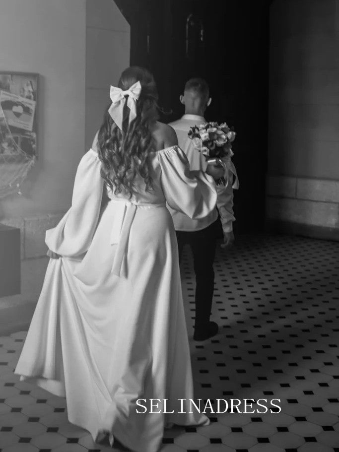 A-line Off-the-shoulder Long Sleeve Wedding Dresses Rustic Satin Bridal Gowns CBA033|Selinadress