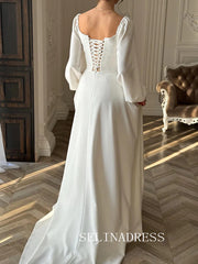 A-line Off-the-shoulder Long Sleeve Wedding Dresses Rustic Satin Bridal Gowns CBA033|Selinadress