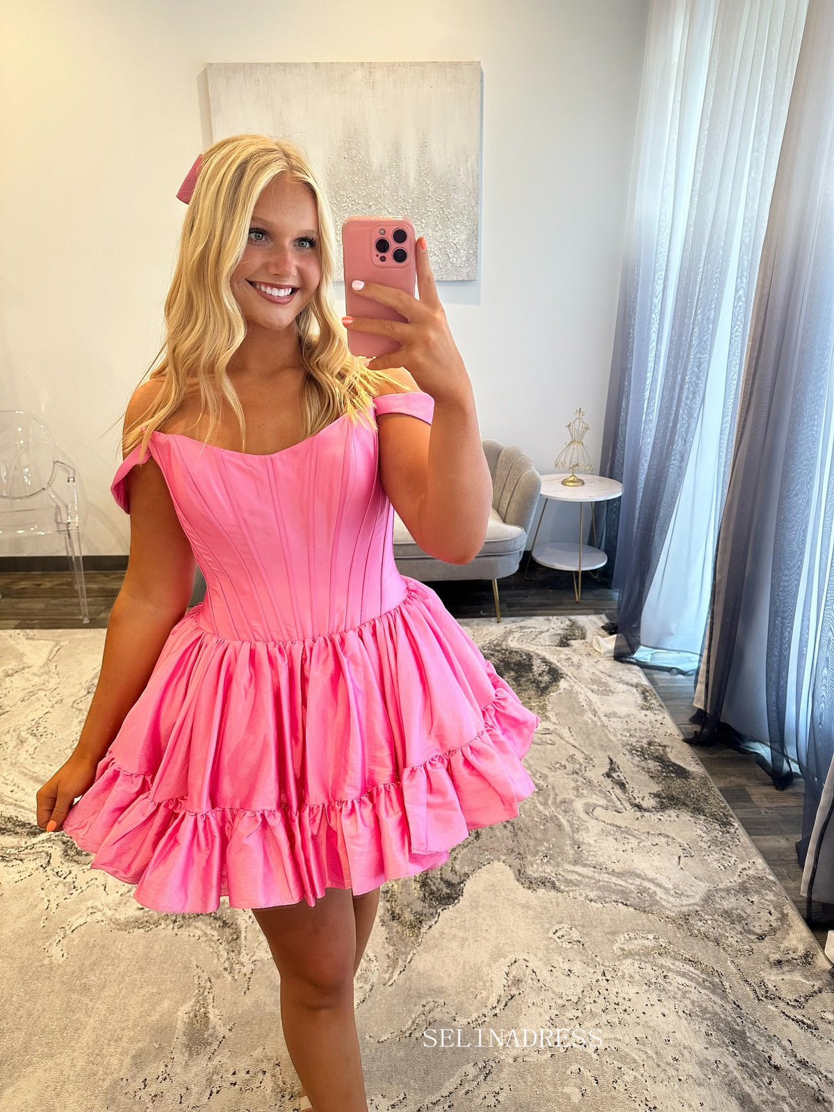 A-line Off-the-shoulder Pink Short Prom Dress Homecoming Dress #TKL602|Selinadress