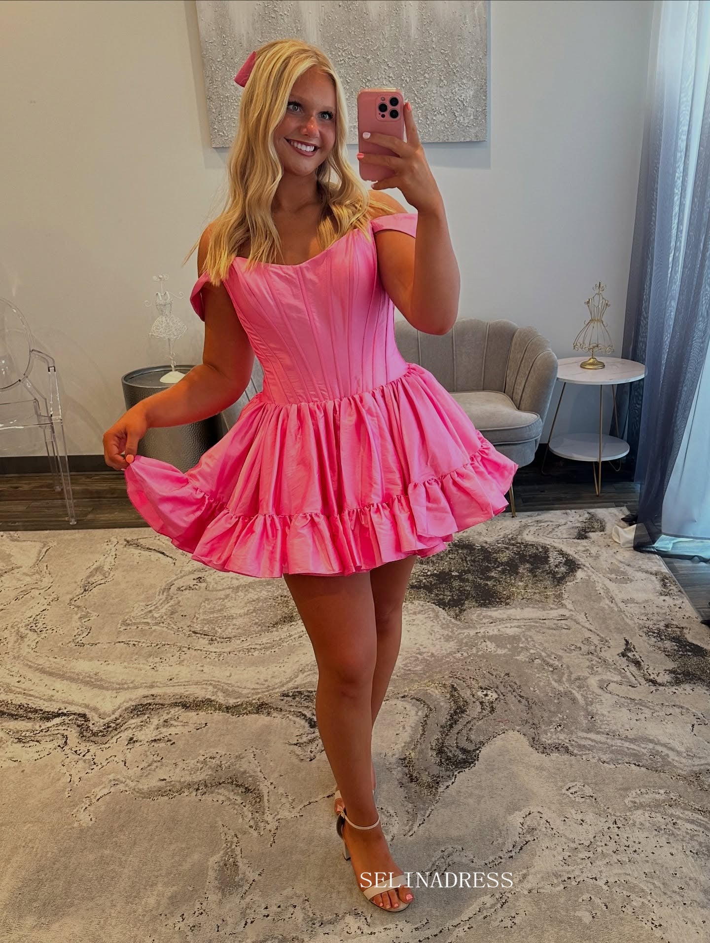 A-line Off-the-shoulder Pink Short Prom Dress Homecoming Dress #TKL602|Selinadress