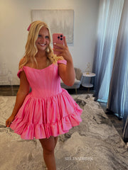 A-line Off-the-shoulder Pink Short Prom Dress Homecoming Dress #TKL602|Selinadress