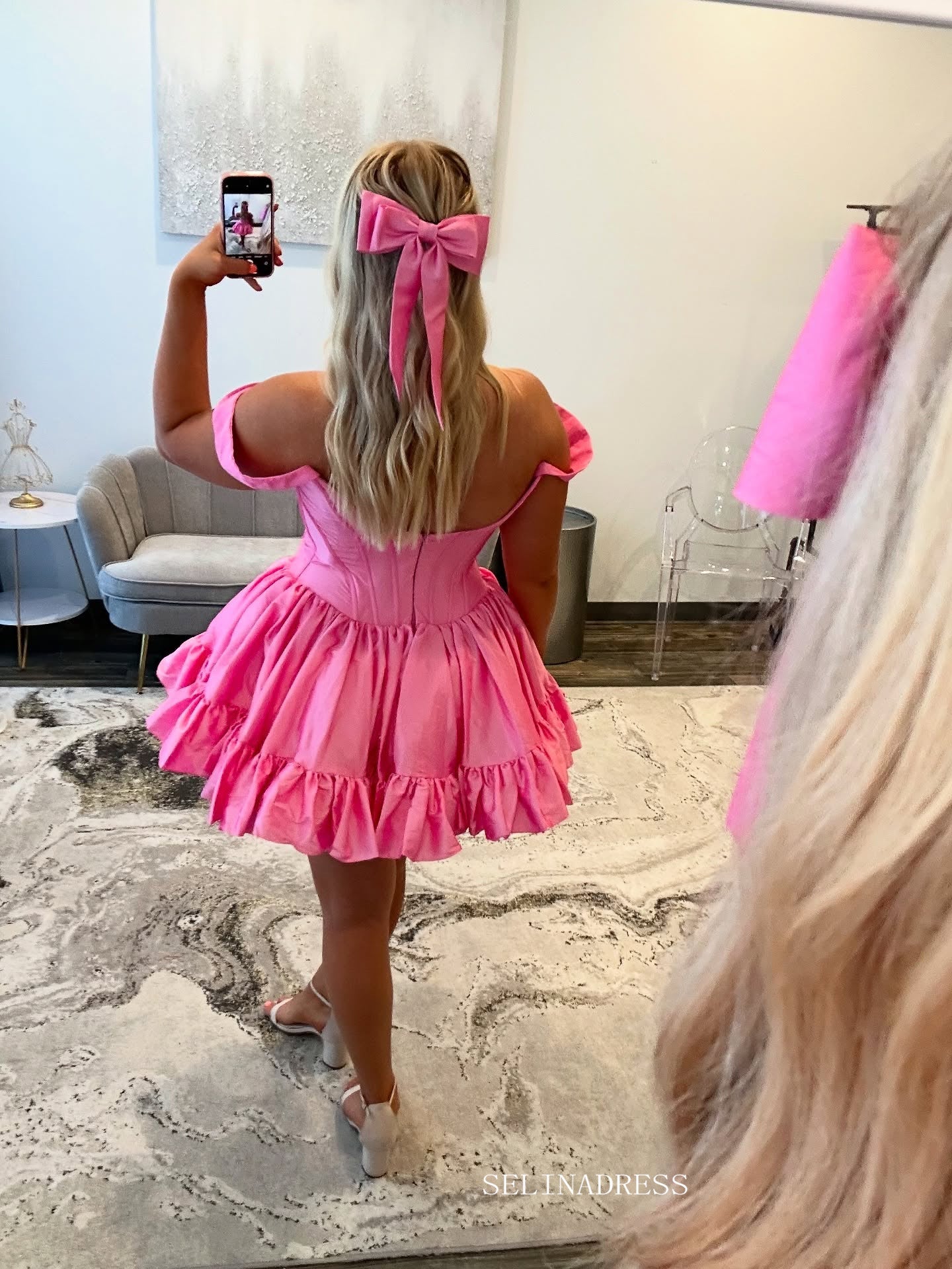 A-line Off-the-shoulder Pink Short Prom Dress Homecoming Dress #TKL602|Selinadress