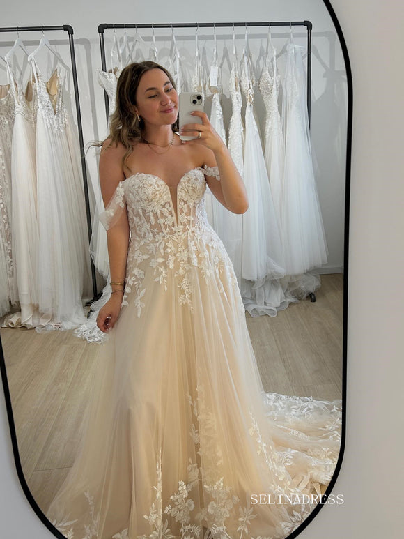 A-line Off-the-shoulder Princess Wedding Dresses Applique Bridal Gown SEA054|Selinadress