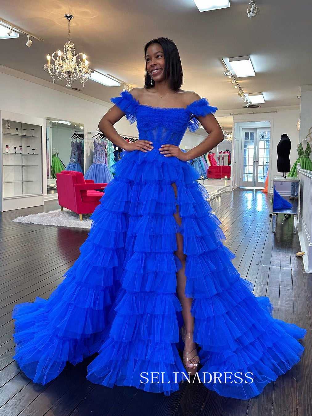 A-line Off-the-shoulder Ruffles Tulle Long Prom Dress Evening Dress lp – SELINADRESS