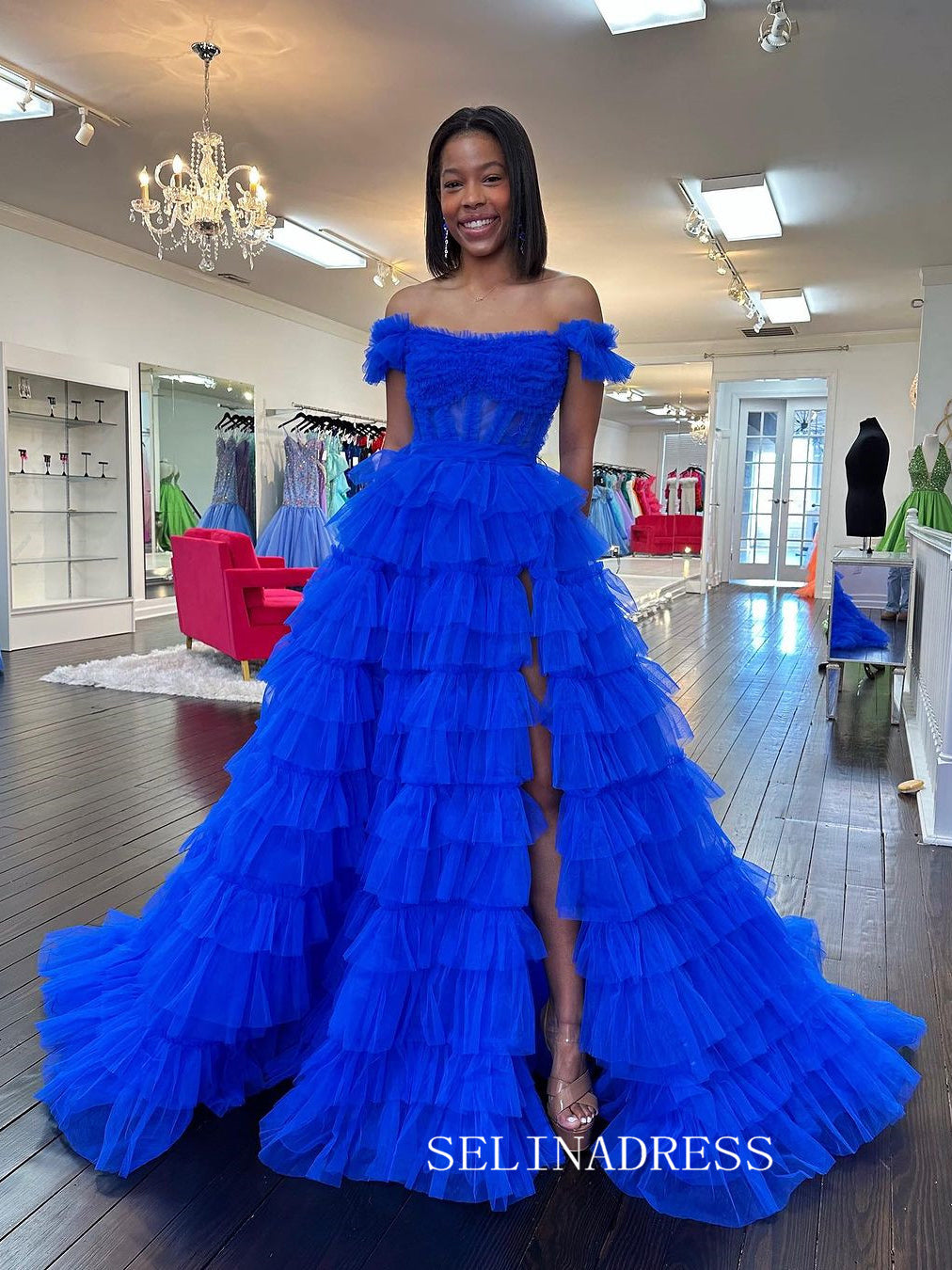 A-line Off-the-shoulder Ruffles Tulle Long Prom Dress Evening Dress lp SELINADRESS A-line Off-the-shoulder Ruffles Tulle Long Prom Dress Evening Dress lp SELINADRESS
