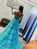 A-line Off-the-shoulder Ruffles Tulle Long Prom Dress Evening Dress lpk927|Selinadress