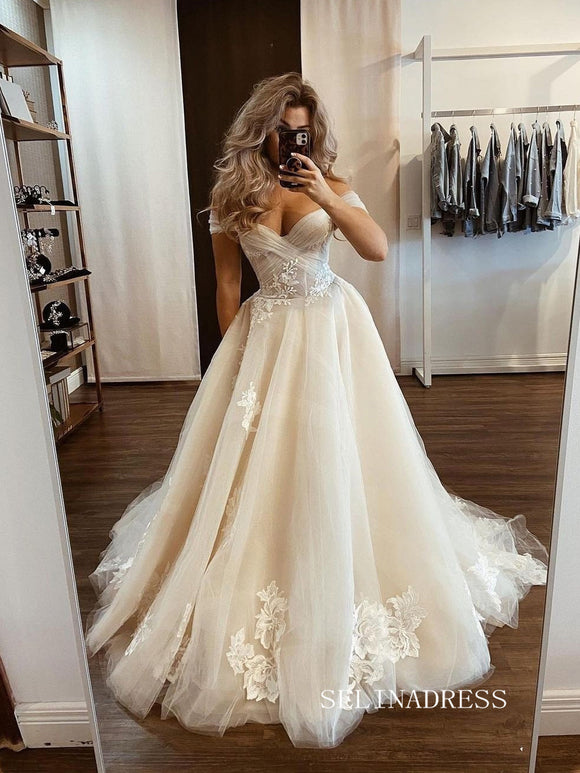 A-line Off-the-shoulder Tulle Appliqued Wedding Dress Cheap Rustic Bridal Dresses #KOP092|Selinadress