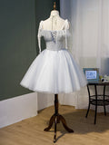 A-line Off-the-shoulder Unique Gray Short Prom Dress 3/4 Sleeve Juniors Homecoming Dresses kts015|Selinadress