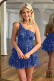 Navy Blue Sequins Tiered Short Homecoming Dress #TKD039|Selinadress