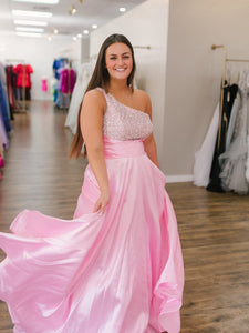 A-Line One Shoulder Pink Long Prom Dress Beaded Formal Gowns #kop136|Selinadress