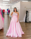 A-Line One Shoulder Pink Long Prom Dress Beaded Formal Gowns #kop136|Selinadress