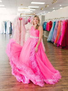 A-line One Shoulder Pink Long Prom Dresses With Feather Beaded Formal Dresses TKL0149