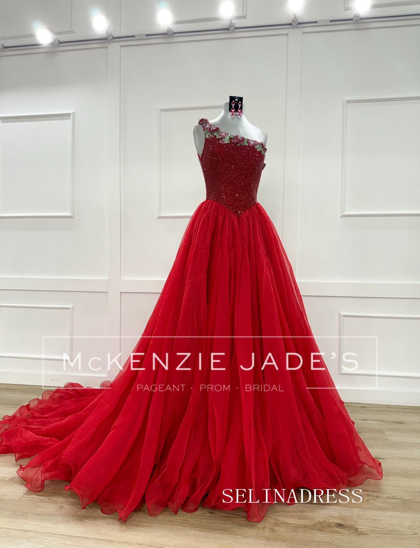A-line One Shoulder Red Long Prom Dresses Beaded Evening Dresses SEA288|Selinadress