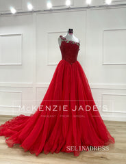 A-line One Shoulder Red Long Prom Dresses Beaded Evening Dresses SEA288|Selinadress