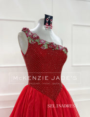 A-line One Shoulder Red Long Prom Dresses Beaded Evening Dresses SEA288|Selinadress