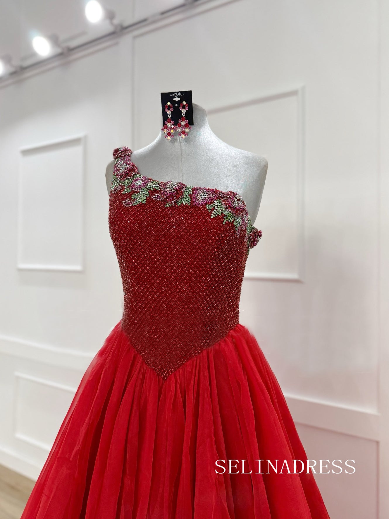 A-line One Shoulder Red Long Prom Dresses Beaded Evening Dresses SEA288|Selinadress