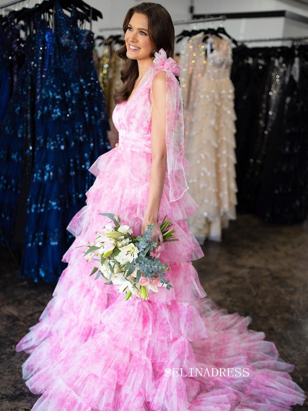 A-line Pink Floral Bow Tie Straps Layers Long Prom Dress with Slit lps SELINADRESS A-line Pink Floral Bow Tie Straps Layers Long Prom Dress with Slit lps SELINADRESS